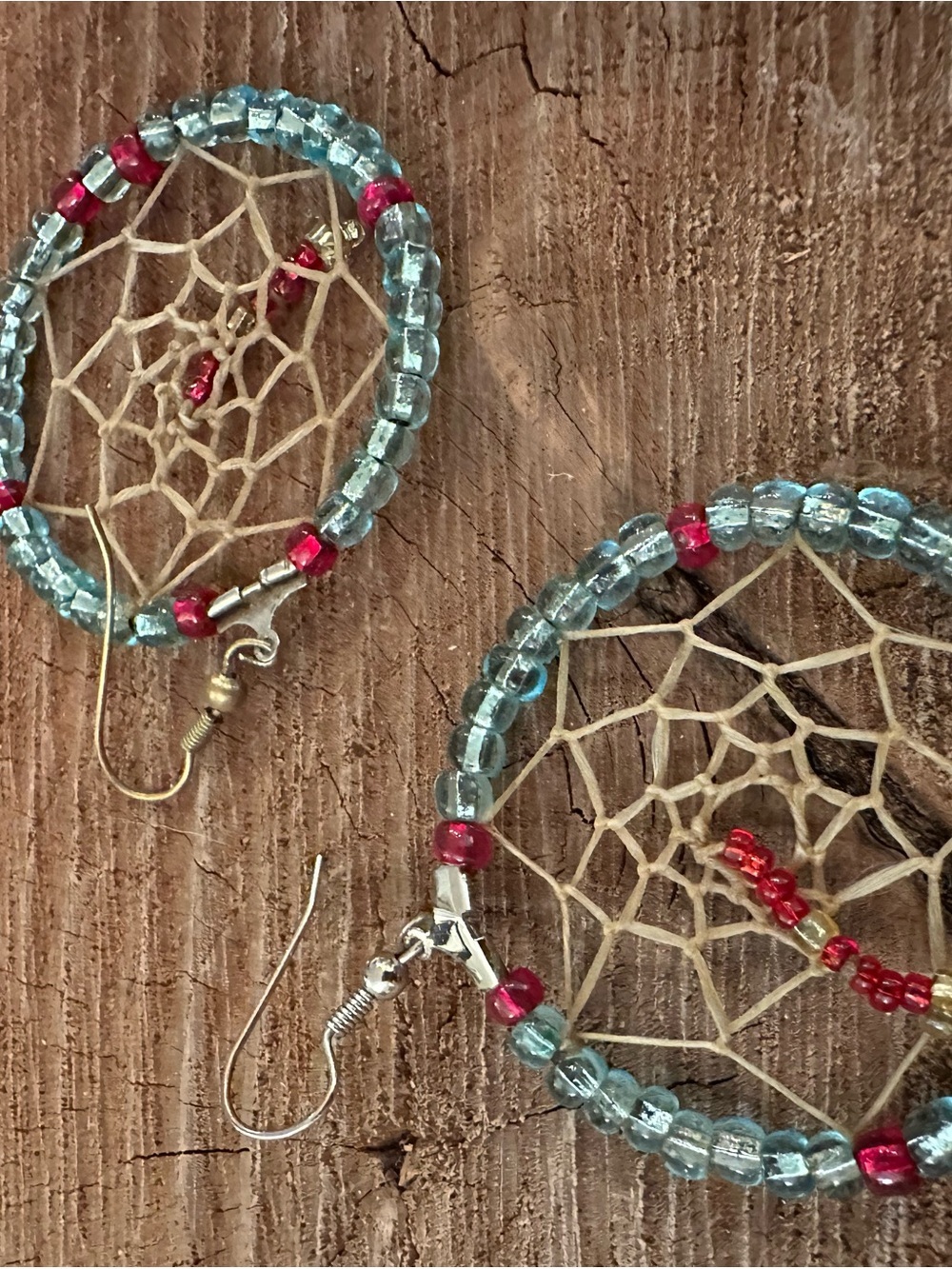 Beaded Dreamcatcher Hoop Earrings in Aqua and Red